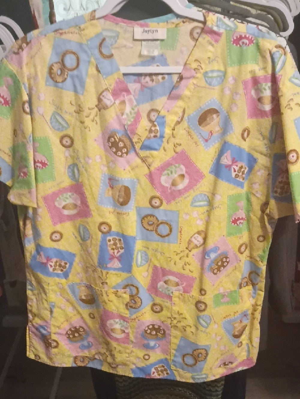 Yellow Woman's ScrubTop with Colorful Dessert Print